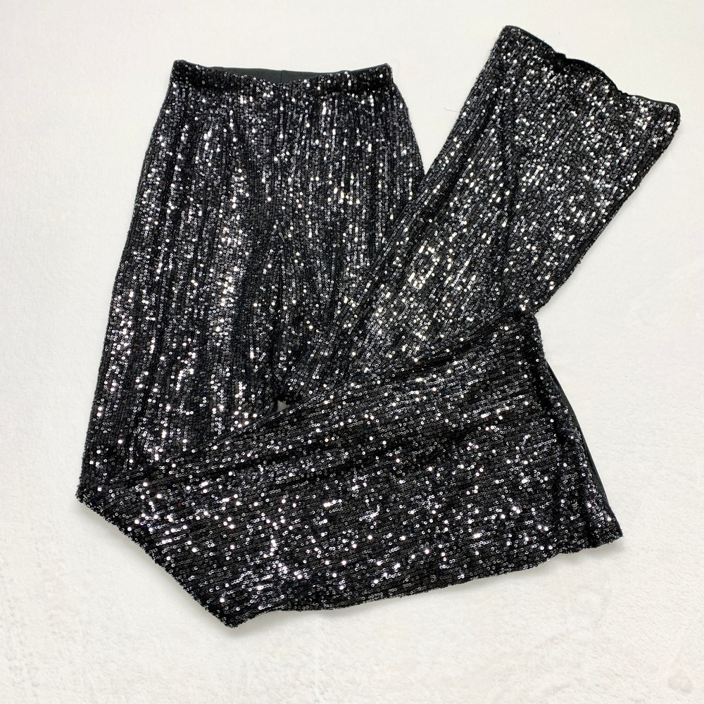 White Fox Sequin Flare Pants Womens Sz S Black Sparkly Wide Leg Party Polyester